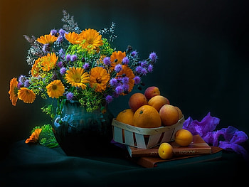 Still life, Flowers, Fruits, Basket, Book, Vase HD wallpaper