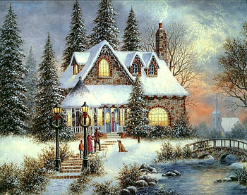 By Dennis Lewan, winter, river, painting, dennis lewan, art, snow, cottage, ice HD wallpaper