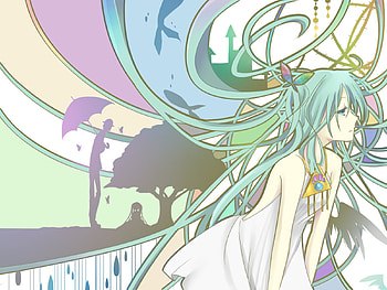 Hatsune Miku, blue, colorful, awesome, cute, vocaloid, unbrella, dress, beauty, nice, miku, vocaloids, hatsune, white, rain, blue eyes, twintail, blue hair, beautiful, tree, anime, rainbow, pretty, cool HD wallpaper