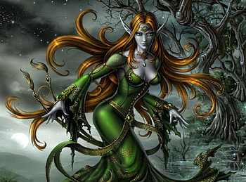 Fantasy girl, night, abstract, fantasy, green dress, girl, long hair, elf HD wallpaper
