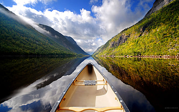 Boat Between The Mountains, boat, reflection, valley, landscape, clouds, nature, houses, mountains HD wallpaper