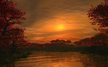 autumn sunset, clouds, trees, water, sunset HD wallpaper
