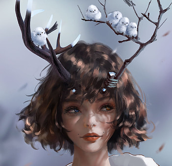 Spring, bird, art, horns, primavara, girl, branch, fantasy, wlop, face, luminos, pasari HD wallpaper