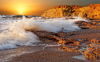 Nature, Sunset, Stones, Sea, Sun, Rocks, Shore, Bank, Spray, Splash, Wave, Disk, Porous HD wallpaper