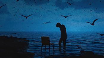 Melancholy, sad, alone, silhouette, birds, ocean, chair, artist, artwork, digital-art HD wallpaper