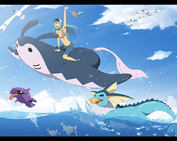 Me and my friends, blue, cute, girl, shelder, anime, types, water, hair, pokemon HD wallpaper