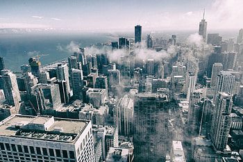 Aerial View Of Buildings Smoke Fog Monochrome, buildings, monochrome, black-and-white, smoke, fog, graphy HD wallpaper