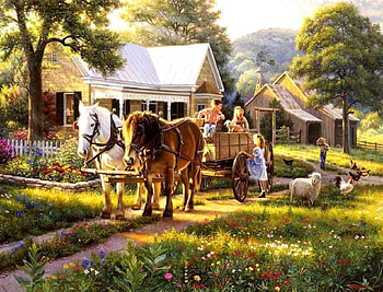 Kids on the Beautiful Day, little girl, children, kids, paintings, beautiful, spring, houses, love four seasons, horse carriages, trees, flowers, lovely HD wallpaper