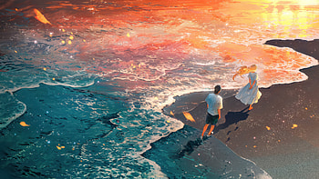 A Romantic Walk By The Sea, couple, love, sunset, artist, artwork, digital-art, pixiv HD wallpaper