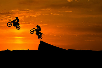 Motorcycles, Silhouettes, Motorcyclist, Elevation, Trick HD wallpaper