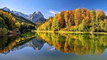Autumn in Upper Bavaria, tranquility, mirror, house, fall, beautiful, upper, serenity, mountain, lake, reflection, autumn, Bavaria, Germany, forest HD wallpaper