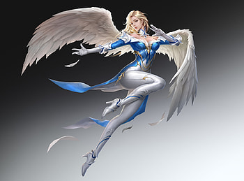 Angel, blue, wings, white, fantasy, jiahao yu, girl HD wallpaper