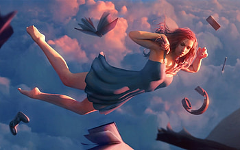 In her dream, blue, pink, book, fantasy, art, redhead, girl, woman HD wallpaper