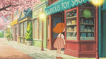Downtown Charm: Curious Toy Shop Scene, downtown, Anime, girl, street, anime girl HD wallpaper