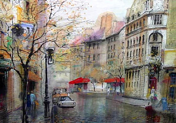 Duan Zhen Zhong, painting, art, car, lamp, street HD wallpaper