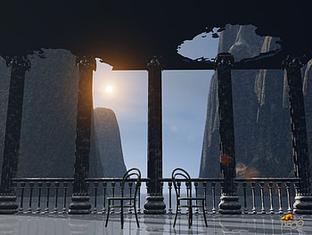 talk about us, chairs, view over water, cg, sky, pillars, terrace HD wallpaper