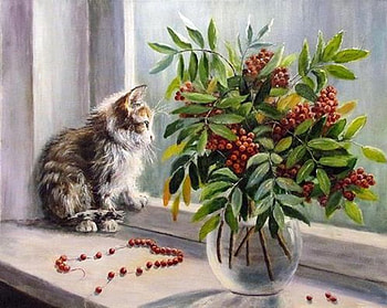 kitty on a window, kitty, window, art painting, animals HD wallpaper