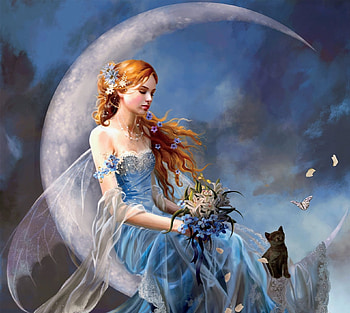Moon fairy, white, black, fantasy, nene thomas, redhead, cat, girl, kitten, blue, pisici HD wallpaper