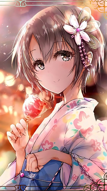 Girl07, geisha, pink, blue, anime_girl, girl, anime, flower HD phone wallpaper