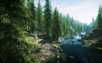 Elder Scrolls V, Scenic beauty, Lush forests, Tranquil rivers HD wallpaper