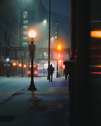 People, Night, Snow, City, Dark, Street HD phone wallpaper