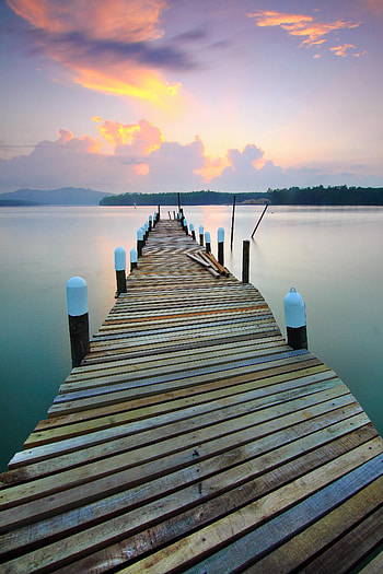Nature, Sunset, Lake, Pier, Boardwalk HD phone wallpaper