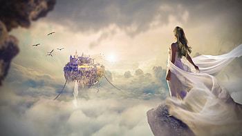 Fantasy Girl, Girl, Castle, Dress, Clouds HD wallpaper