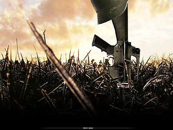 Dark Days, field, helmet, rifle, sky, grass, gun HD wallpaper