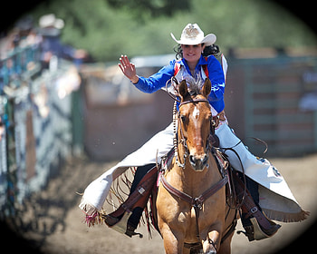 Miss Rodeo Oakdale, horse, cowgirl, Christine Fox, chaps, hat HD wallpaper