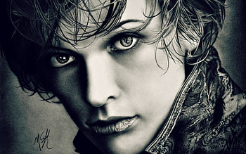 Milla Jovovich, blue, white, black, art, girl, actress, woman, face HD wallpaper