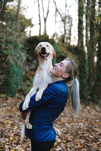 A woman joyfully hugs her Labrador Retriever in a serene autumn forest scene. HD phone wallpaper