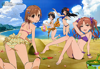 Having fun on the beach, sea, sexy, shirai kuroko, cute, misaka mikoto, saten ruiko, bikini, beach, swimsuit, uiharu kazari, anime, to aru kagaku no railgun, girls, sun HD wallpaper