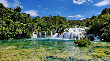 Krka national park, Croatia, river, clouds, trees, cascades, sky, forest HD wallpaper