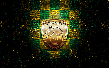 Itagui Leones FC, glitter logo, Categoria Primera A, green yellow checkered background, soccer, colombian football club, Itagui Leones logo, mosaic art, football, Itagui Leones, Colombian football league HD wallpaper
