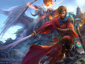 Final Fantasy, blue, man, knight, orange, derricksong, fantasy, red, dragon, game, luminos HD wallpaper