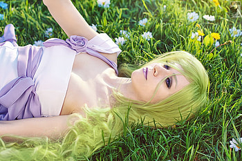with you, gree, grass, dress, greeny, purple, face, cosplay, laying, flowers, lovely, female HD wallpaper
