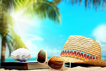 Summer Vacation, palms, sunshine, summer, tropical, glasses, hat, beach HD wallpaper