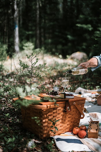 A serene picnic setup in the woods with wine being poured, surrounded by nature. HD phone wallpaper