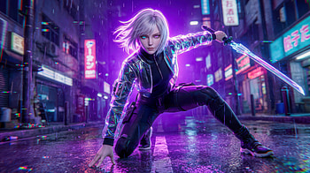 White Haired Girl With Neon Sword, white, hair, girl, neon, sword, artist, artwork, art, digital-art, ai, deviantart HD wallpaper