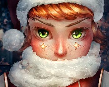 Winter girl, winter, white, tears, girl, star, b1tterrabbit, fantasy, christmas, face, luminos, scarf, green eyes, hat HD wallpaper