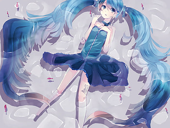 Hatsune Miku, blue, tail, dress, vocaloids, anime, petals, twin tail, water HD wallpaper