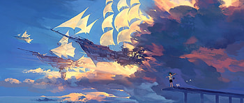 hanyijie, sky, scenery, ship, anime, art HD wallpaper