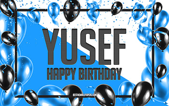 Happy Birtay Yusef, Birtay Balloons Background, Yusef, with names, Yusef Happy Birtay, Blue Balloons Birtay Background, Yusef Birtay HD wallpaper