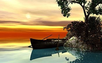 rowboat in a serene scene, sea, boat, sunset, rock, tree HD wallpaper