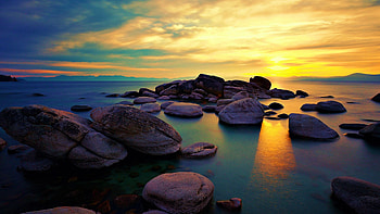 Lake Tahoe, Nevada, colors, clouds, sky, rocks, sunset, usa, stones HD wallpaper