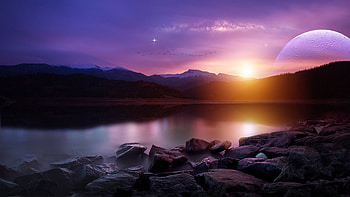 Outworld, river, birds, galaxy, landscape, stars, purple, space, sky, water, mountains, sunset HD wallpaper