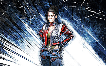 Panam Palmer, grunge art, Cyberpunk 2077, RPG, fan art, Cyberpunk 2077 characters, blue abstract rays, Panam Palmer Cyberpunk HD wallpaper