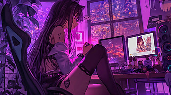 Twilight Gamer Chill In The City Glow, anime-girl, , speaker, purple, artist, artwork, art, digital-art, ai, deviantart HD wallpaper