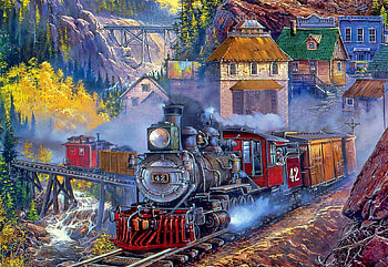 Silver Bell, artwork, painting, bridge, station, train, steam, railroad, village, mountains HD wallpaper