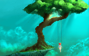 Celestial swing, blue, art, swing, girl, copil, tree, summer, fantasy, green, luminos, child HD wallpaper